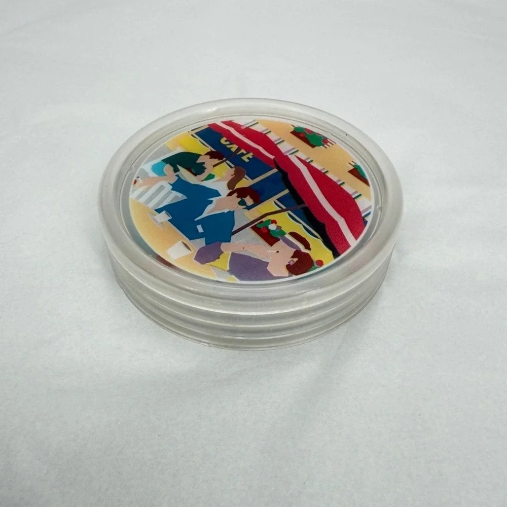 Vintage Kitsch Colorful Plastic Drink Coasters Vacation Scenes Set of 4 Barware